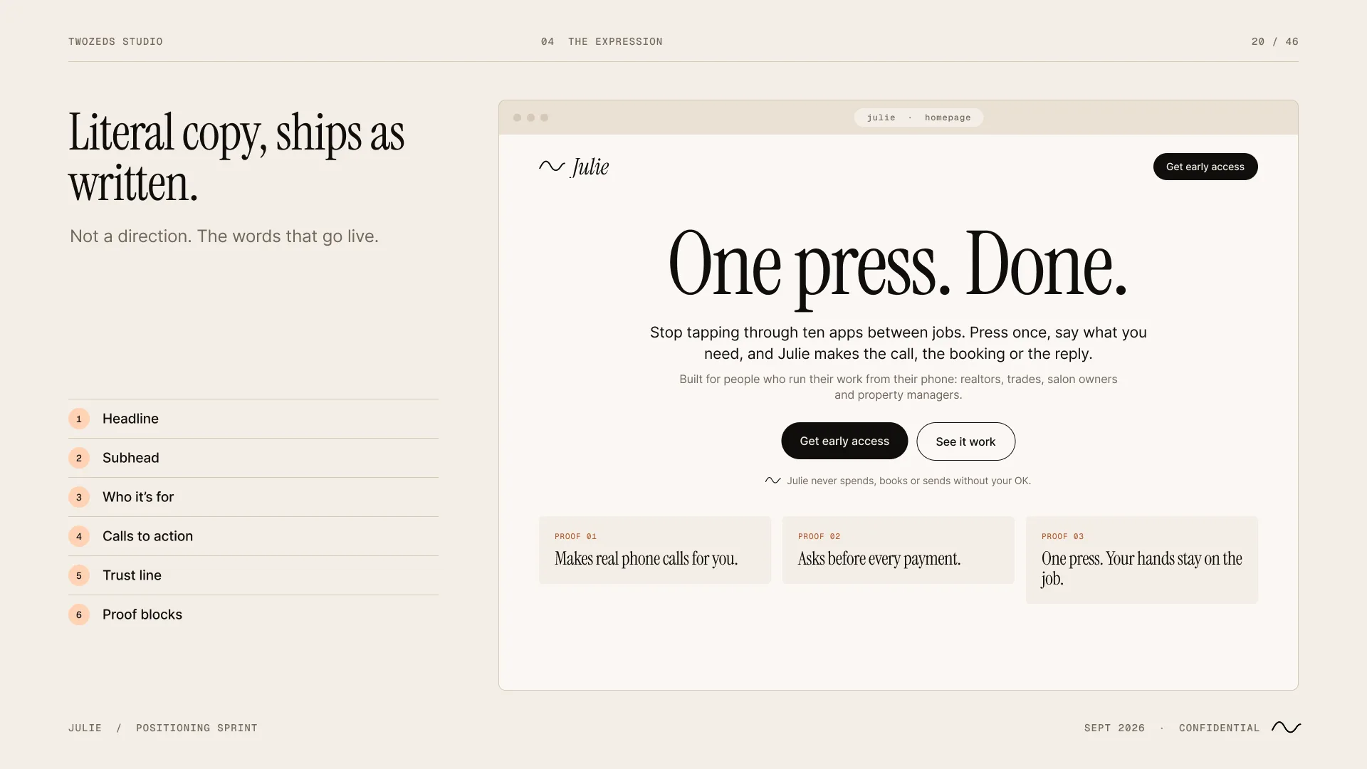 Julie homepage copy: headline, subhead, audience line, calls to action and trust line.